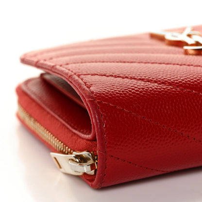 Saint Laurent Grain De Poudre Matelasse Chevron Monogram Compact Zip Around Wallet Red 7 of 8