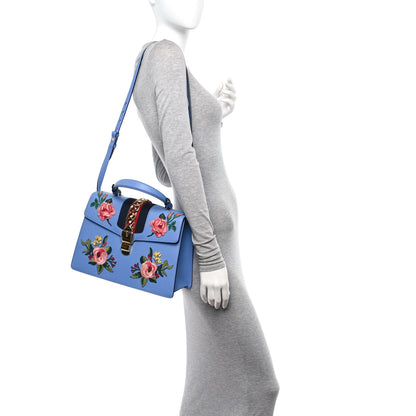 Gucci Calfskin Embroidered Medium Sylvie Top Handle Bag Clear Sky Blue 2 of 10