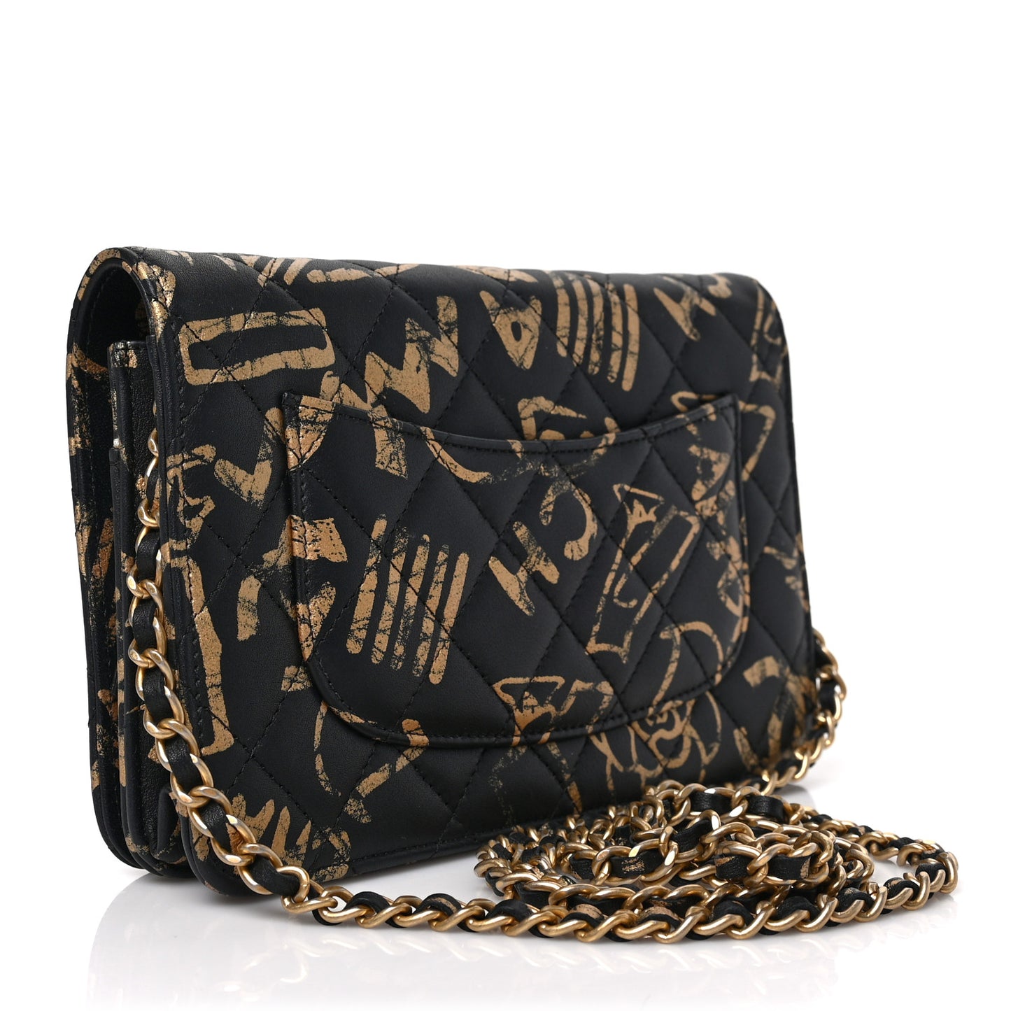 Calfskin Quilted Graffiti Pyramid Wallet On Chain WOC Black