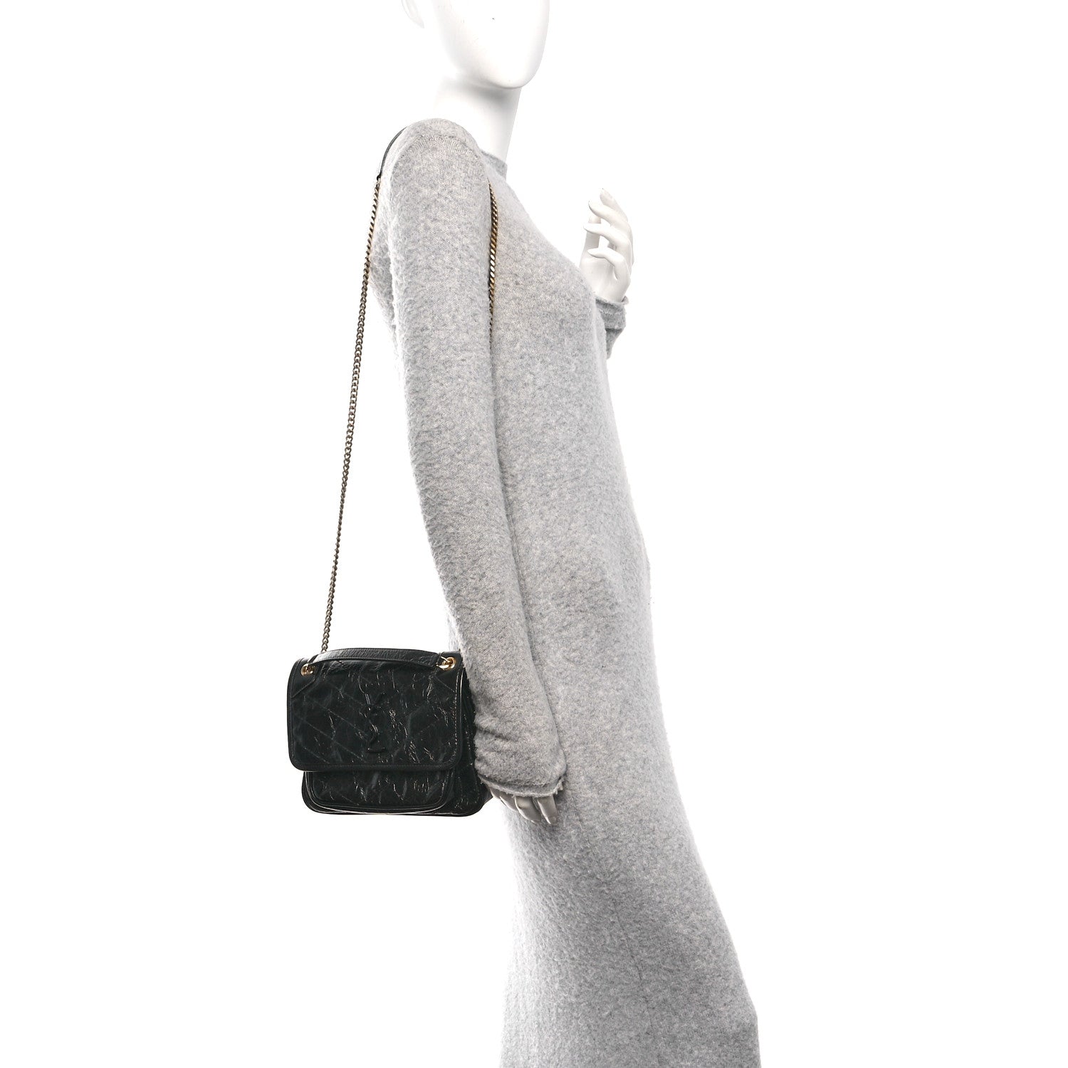 Saint Laurent Crinkled Calfskin Matelasse Monogram Baby Niki Chain Satchel Black 2 of 10