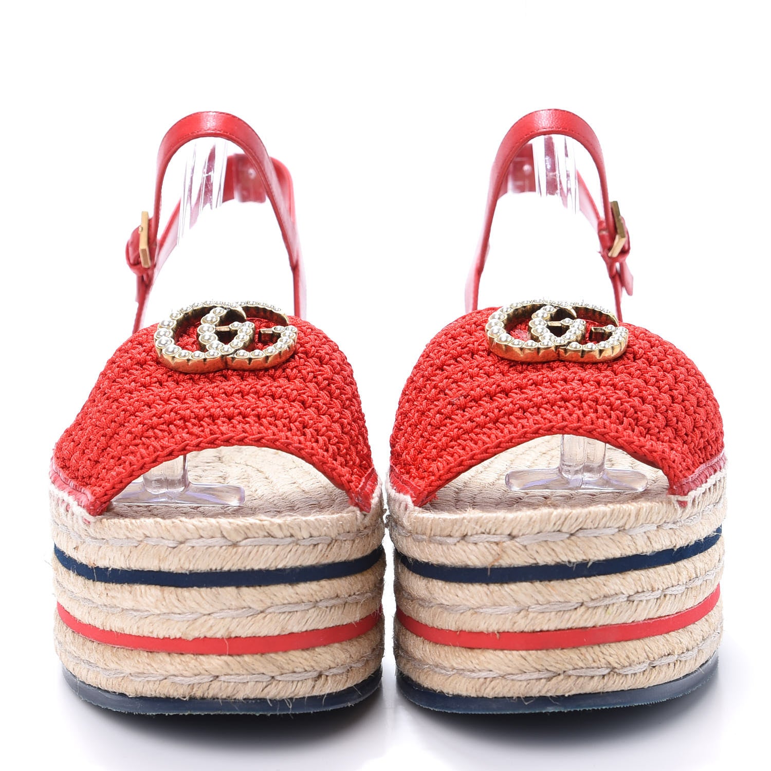 Gucci Cotton Malaga Kid Crochet Pearly GG Lilibeth Espadrille Platform Sandals 40 Hibiscus Red 2 of 9