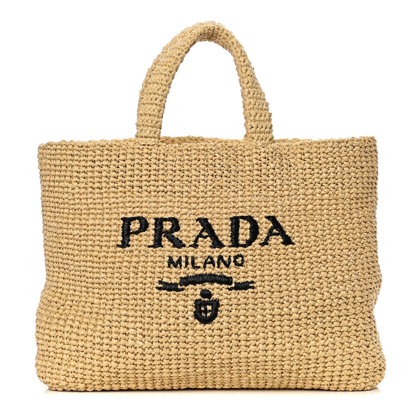 Yarn Raffia Effect Crochet Embroidered Logo Tote Naturale