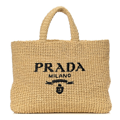 Prada Yarn Raffia Effect Crochet Embroidered Logo Tote Naturale 1 of 9