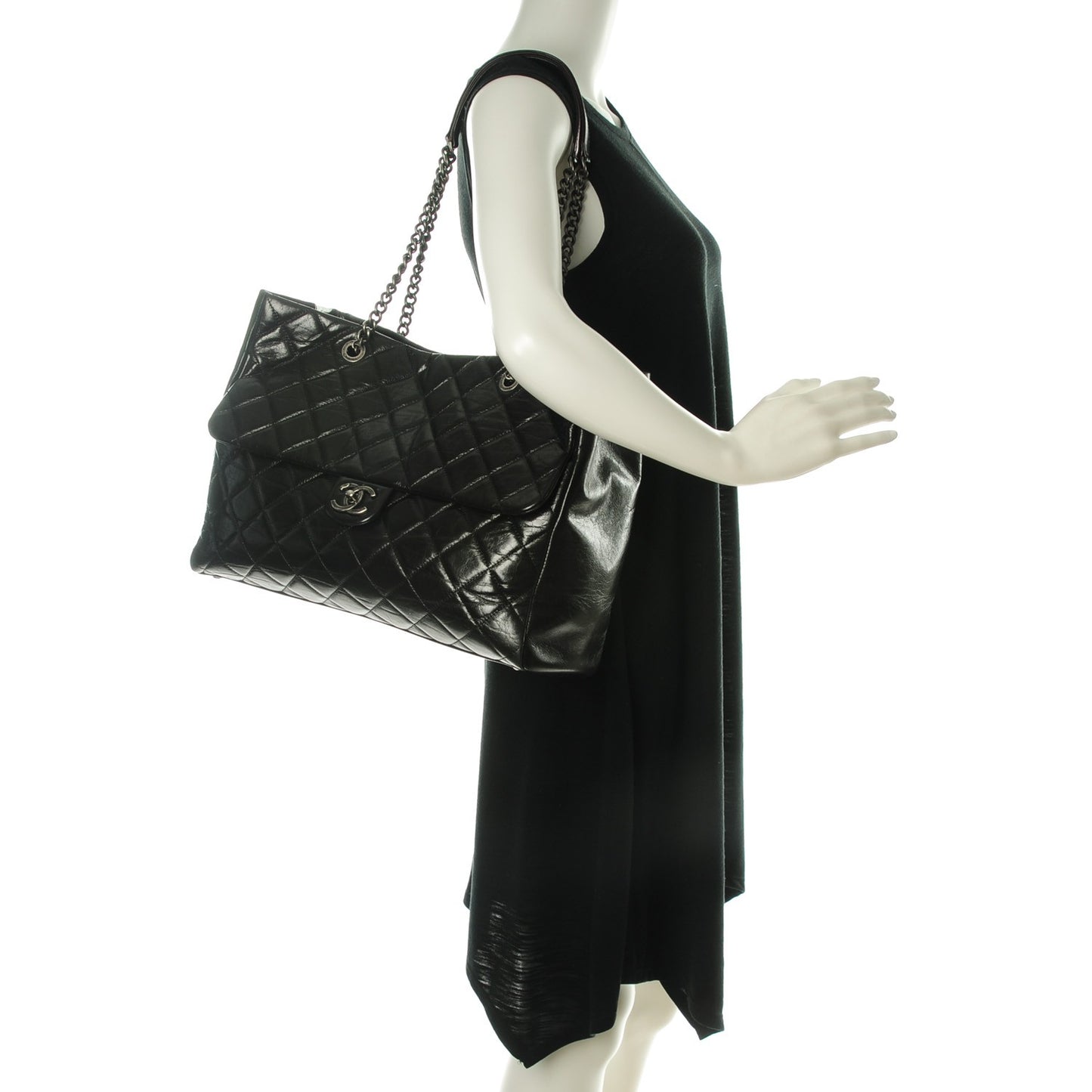 Glazed Calfskin Quilted Large Duo Color Tote Black