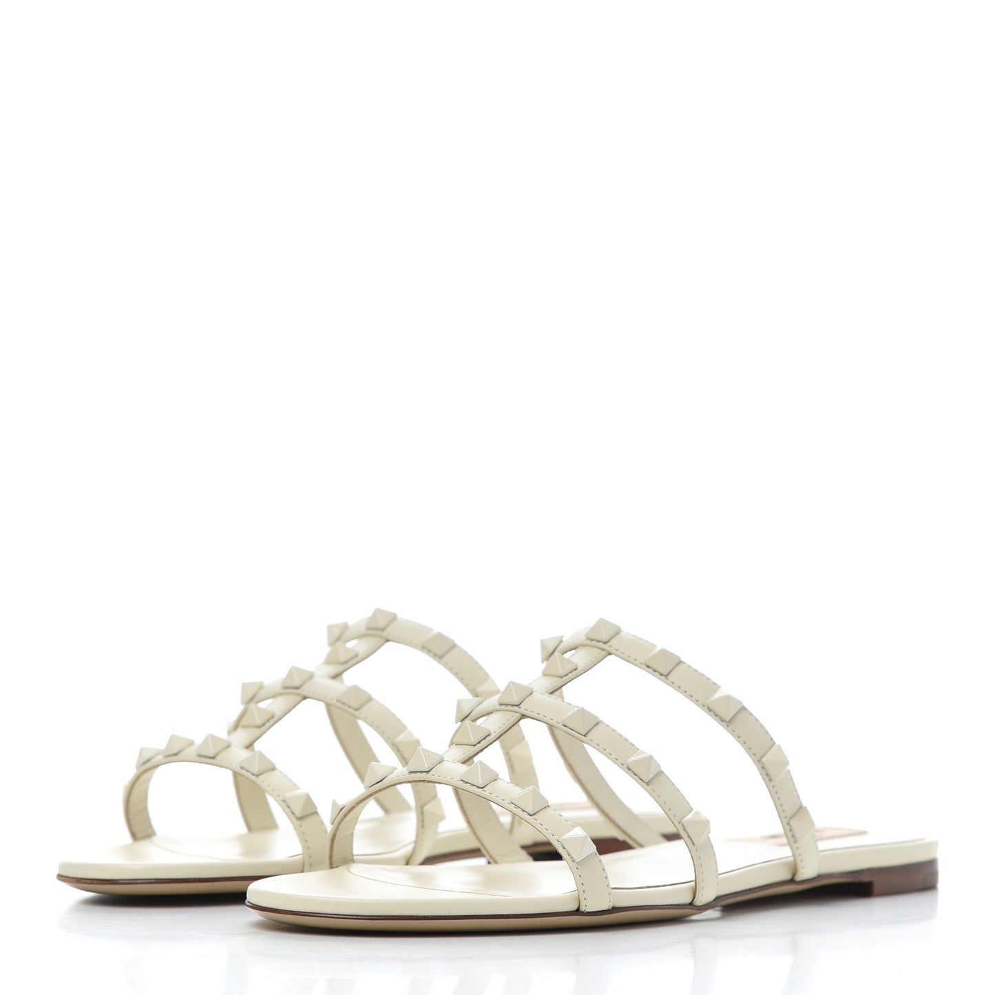 Calfskin Lacquered Monochrome Rockstud Caged Flat Slide Sandals 37.5 Ivory