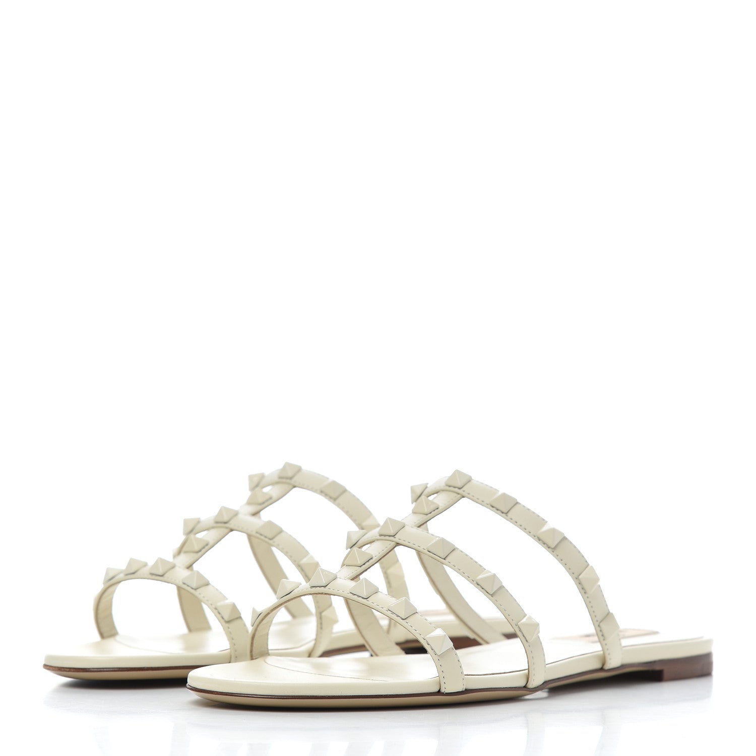 Valentino Garavani Calfskin Lacquered Monochrome Rockstud Caged Flat Slide Sandals 37.5 Ivory 3 of 9