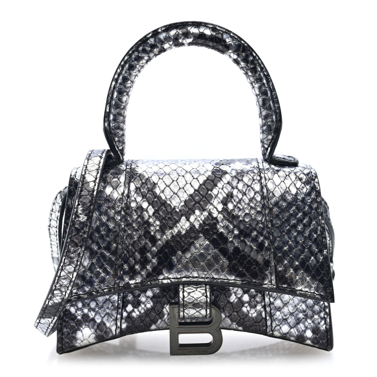 Balenciaga Shiny Calfskin Snakeskin Effect Hourglass Top Handle Bag Mini Silver Black 1 of 9