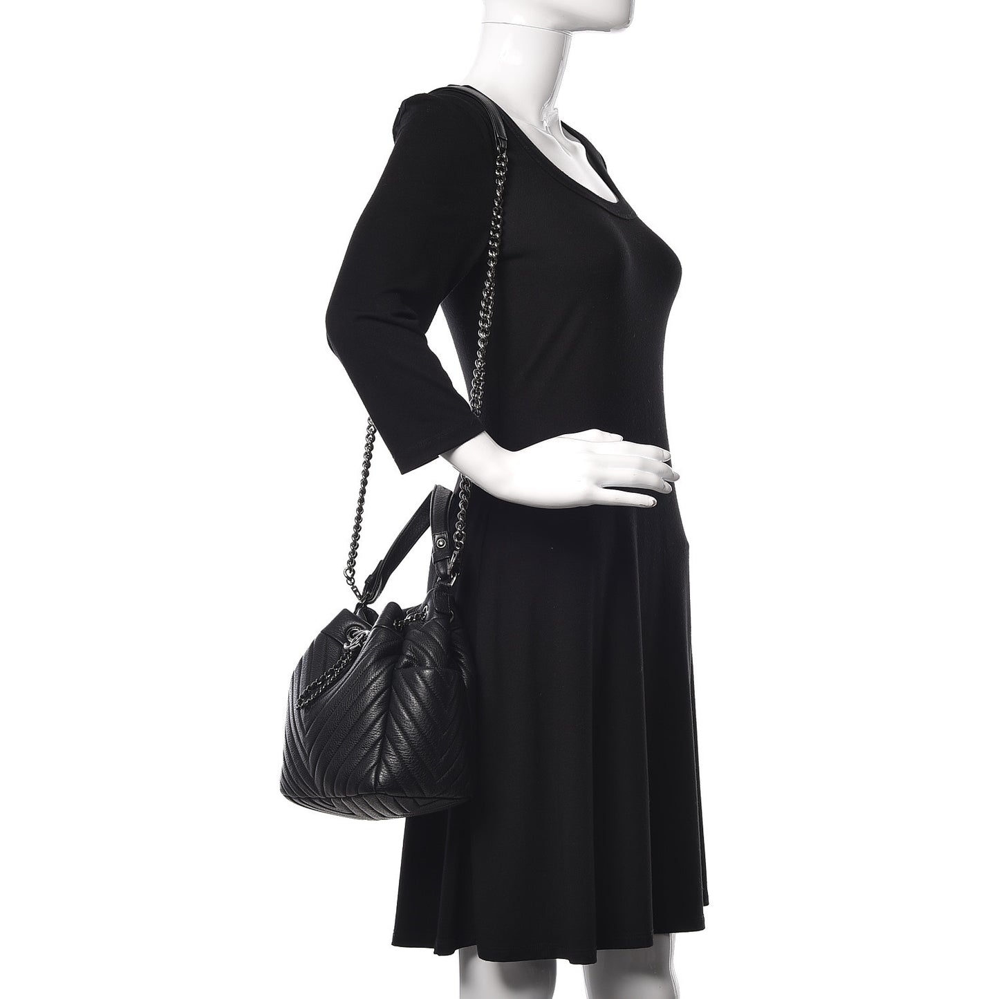 Deerskin Chevron Small CC Chain Bucket Bag Black