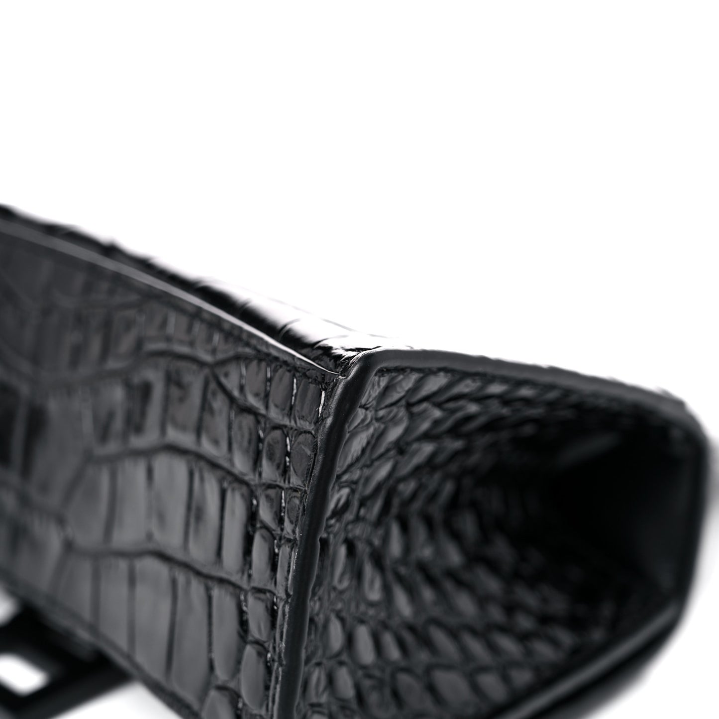 Shiny Calfskin Monochrome Crocodile Embossed Hourglass Top Handle Bag XS Black