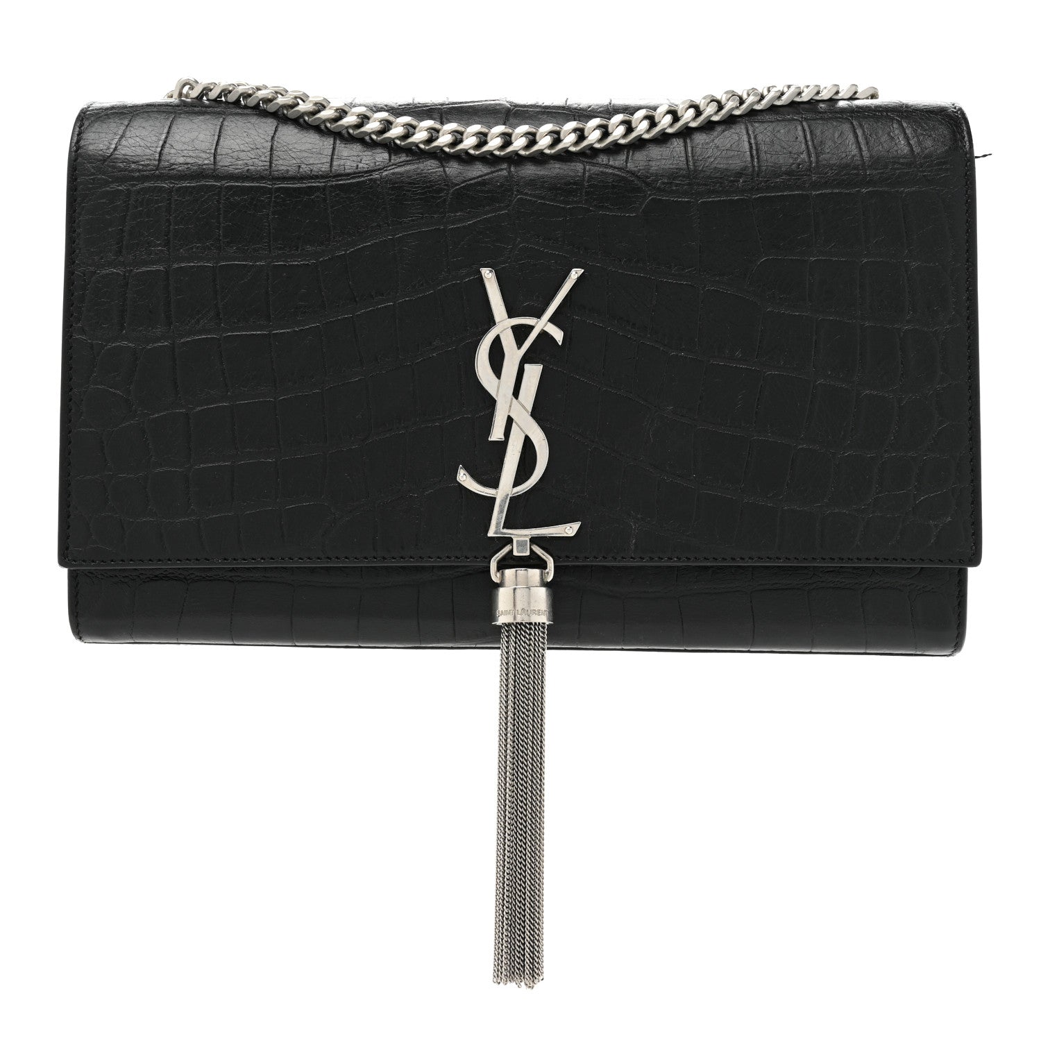 Saint Laurent Calfskin Crocodile Embossed Medium Classic Monogram Kate Tassel Satchel Black 1 of 17