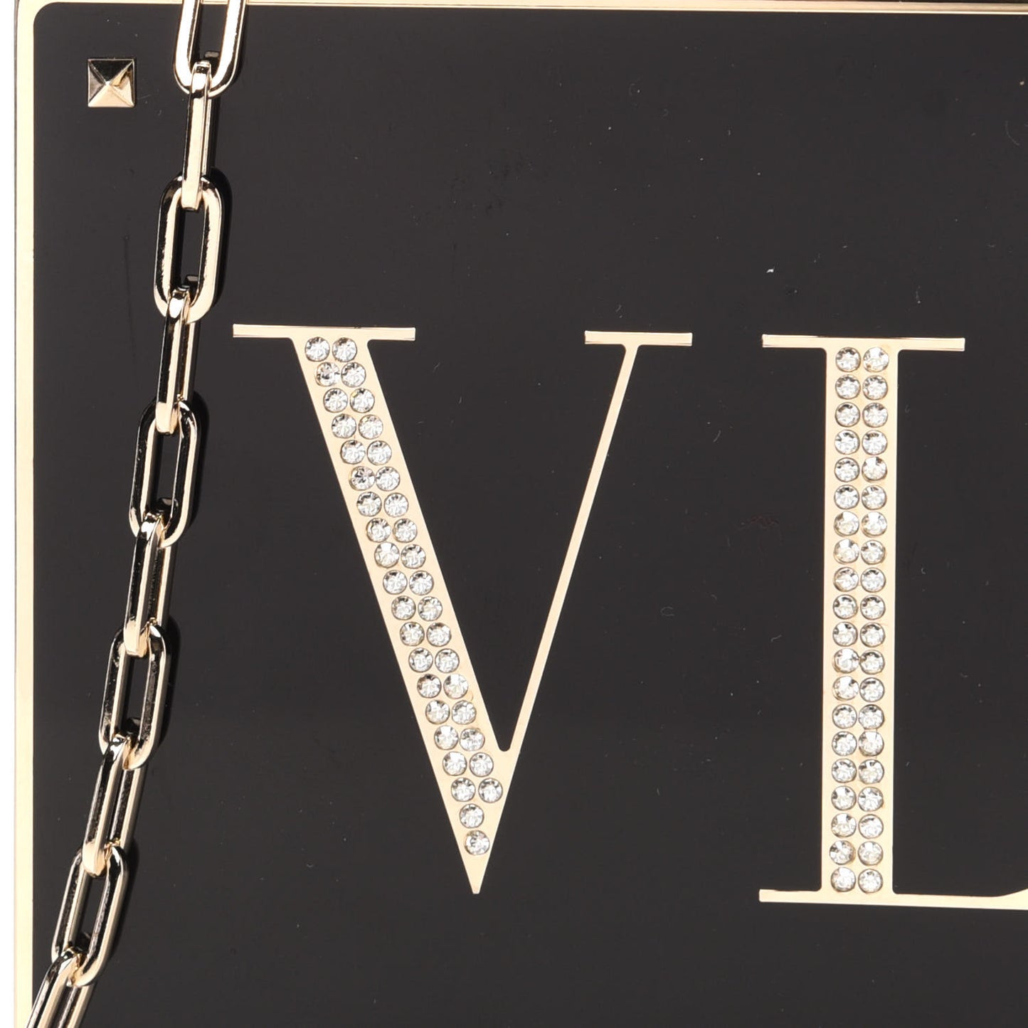 Metal Crystal VLTN Chain Clutch Black