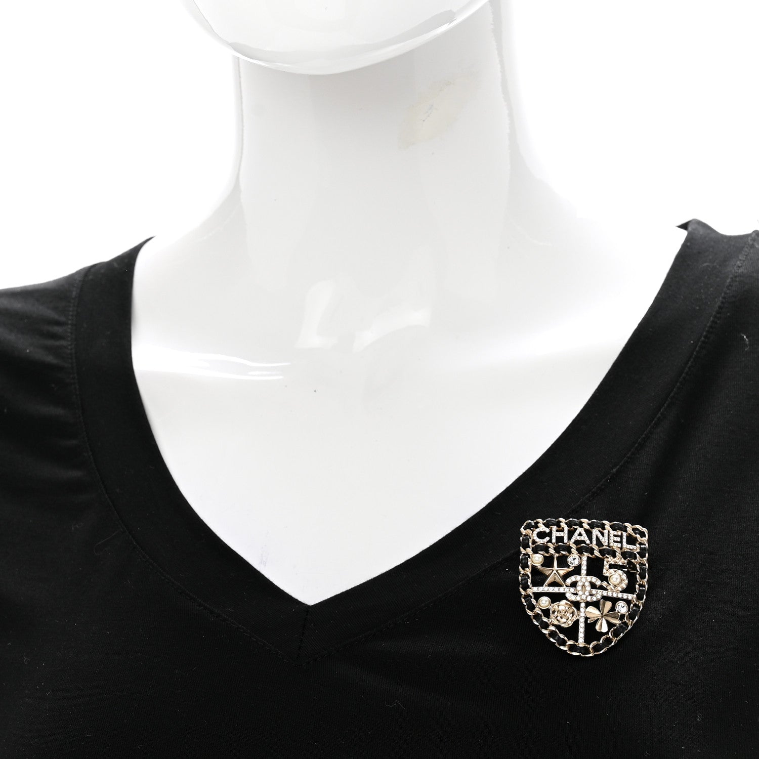 Chanel Lambskin Pearl Strass Sergeant Chanel Shield Brooch Gold 2 of 7