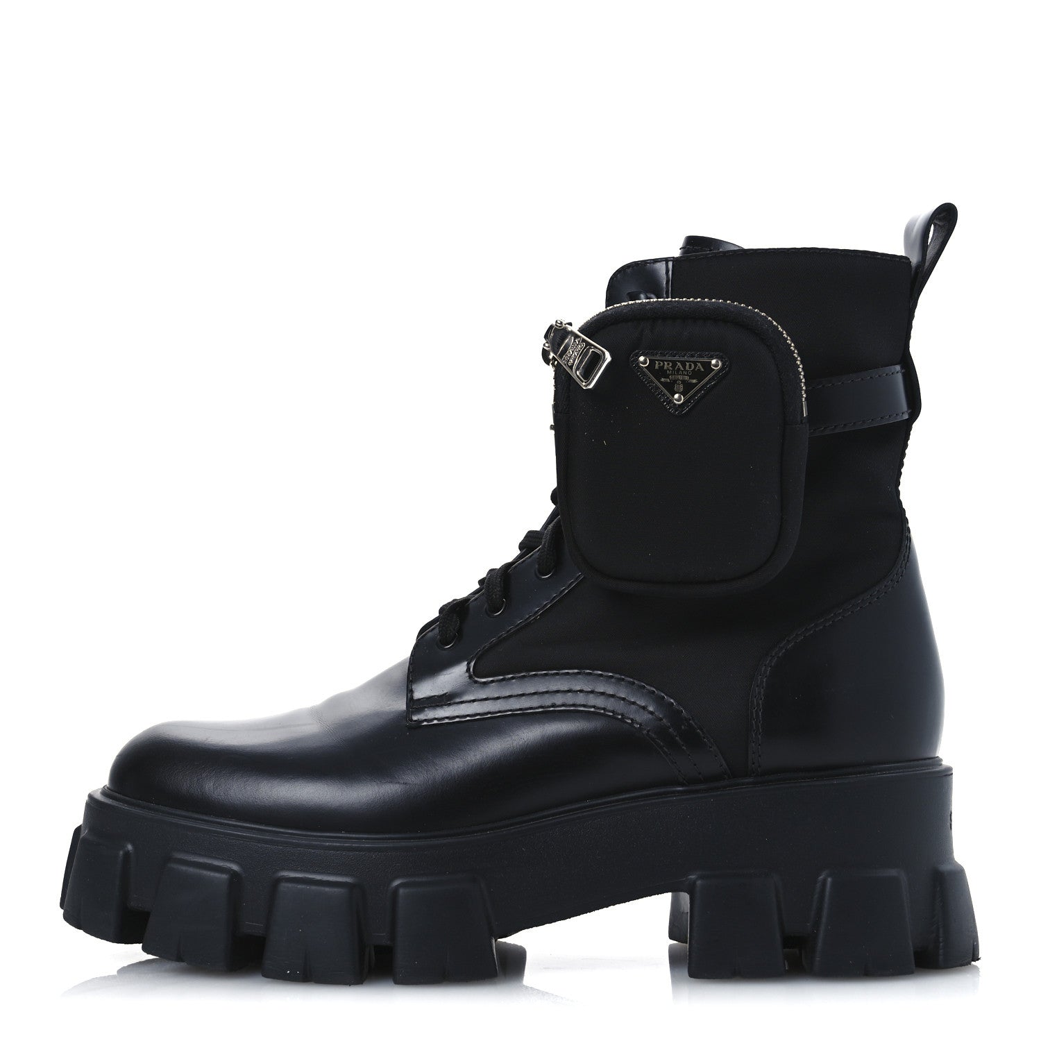 Prada Spazzolato Rois Re-Nylon Metal Triangle Logo Monolith Pouch Pocket 55mm Boots 41 Black 1 of 14