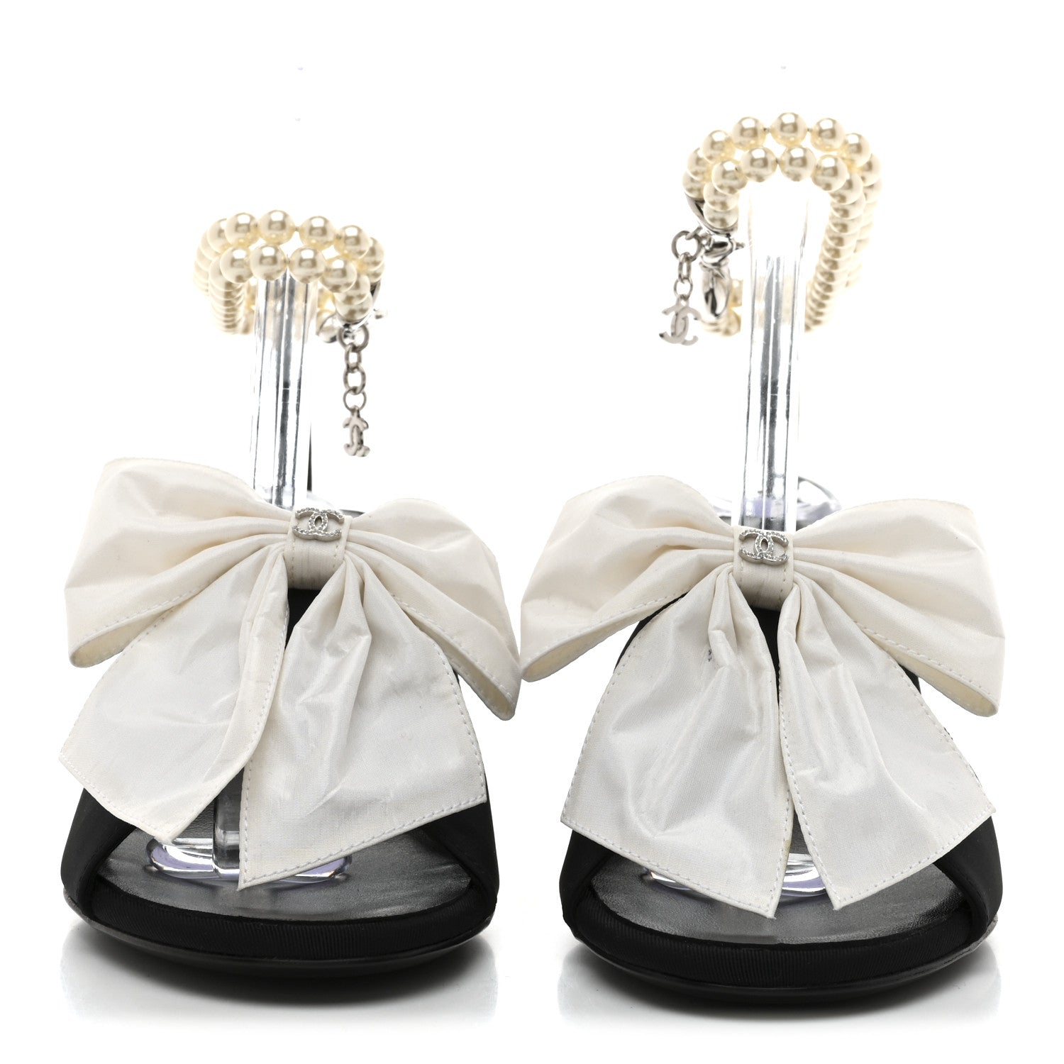 Chanel Silk Pearl Ankle Strap Sandals 37 Black White 3 of 10