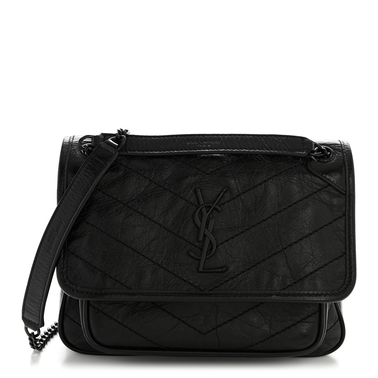 Saint Laurent Crinkled Calfskin Matelasse Monogram Baby Niki Chain Satchel Black 1 of 14