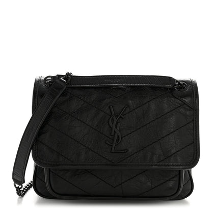 Saint Laurent Crinkled Calfskin Matelasse Monogram Baby Niki Chain Satchel Black 1 of 14