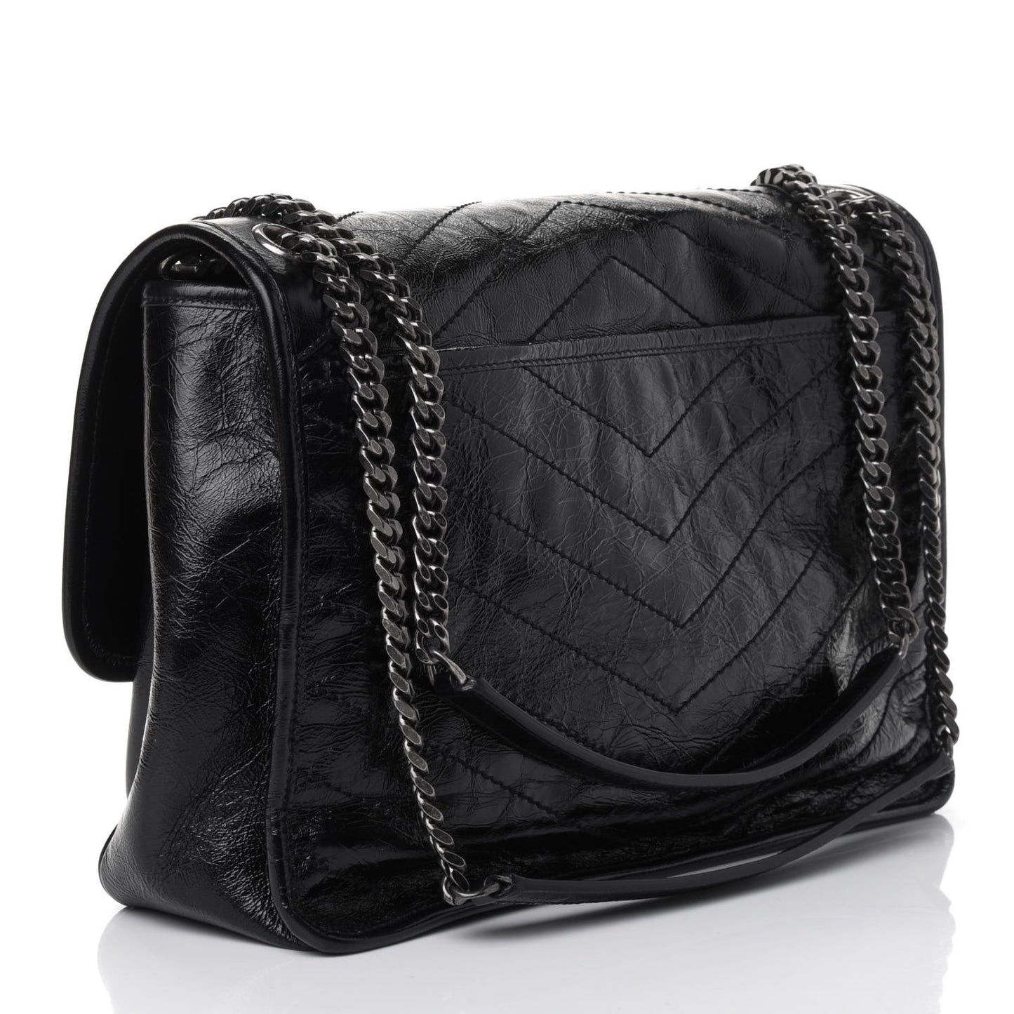 Crinkled Calfskin Matelasse Monogram Large Niki Chain Satchel Black
