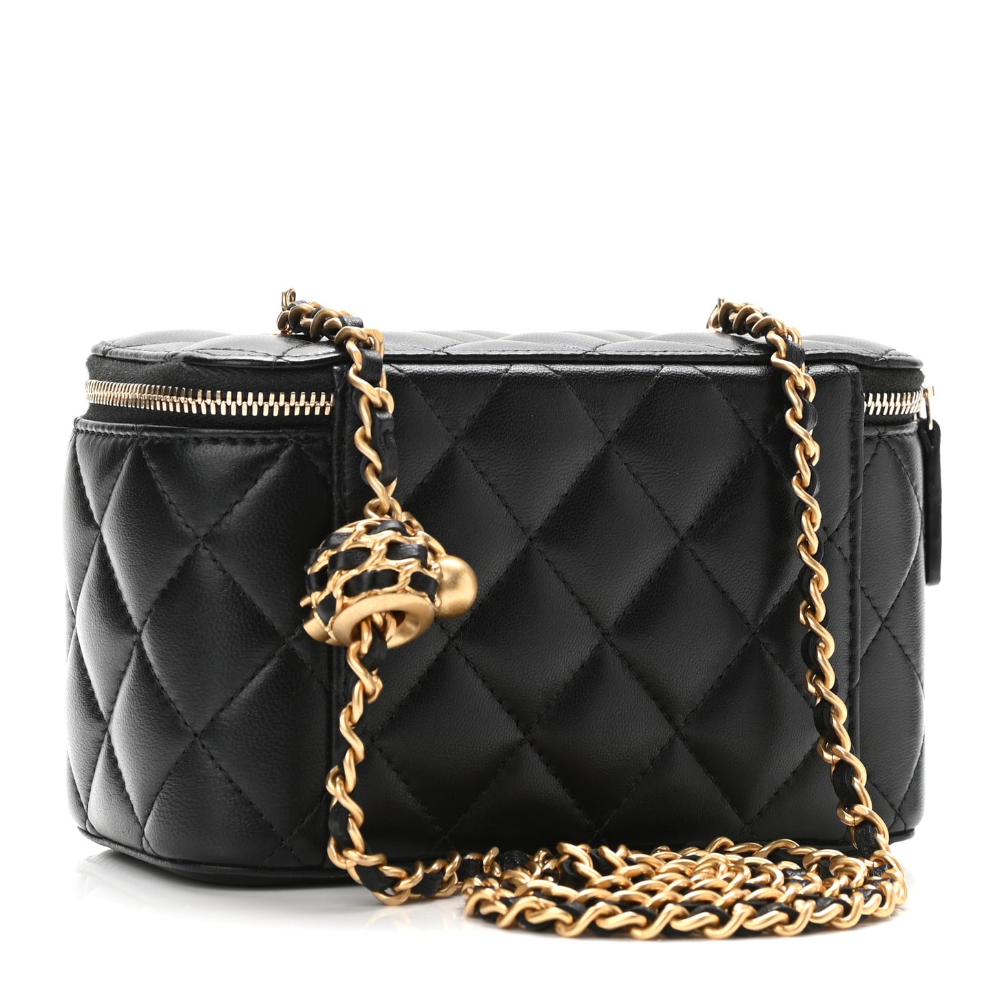 Lambskin Quilted Small Pearl Crush Vanity Case With Chain Black