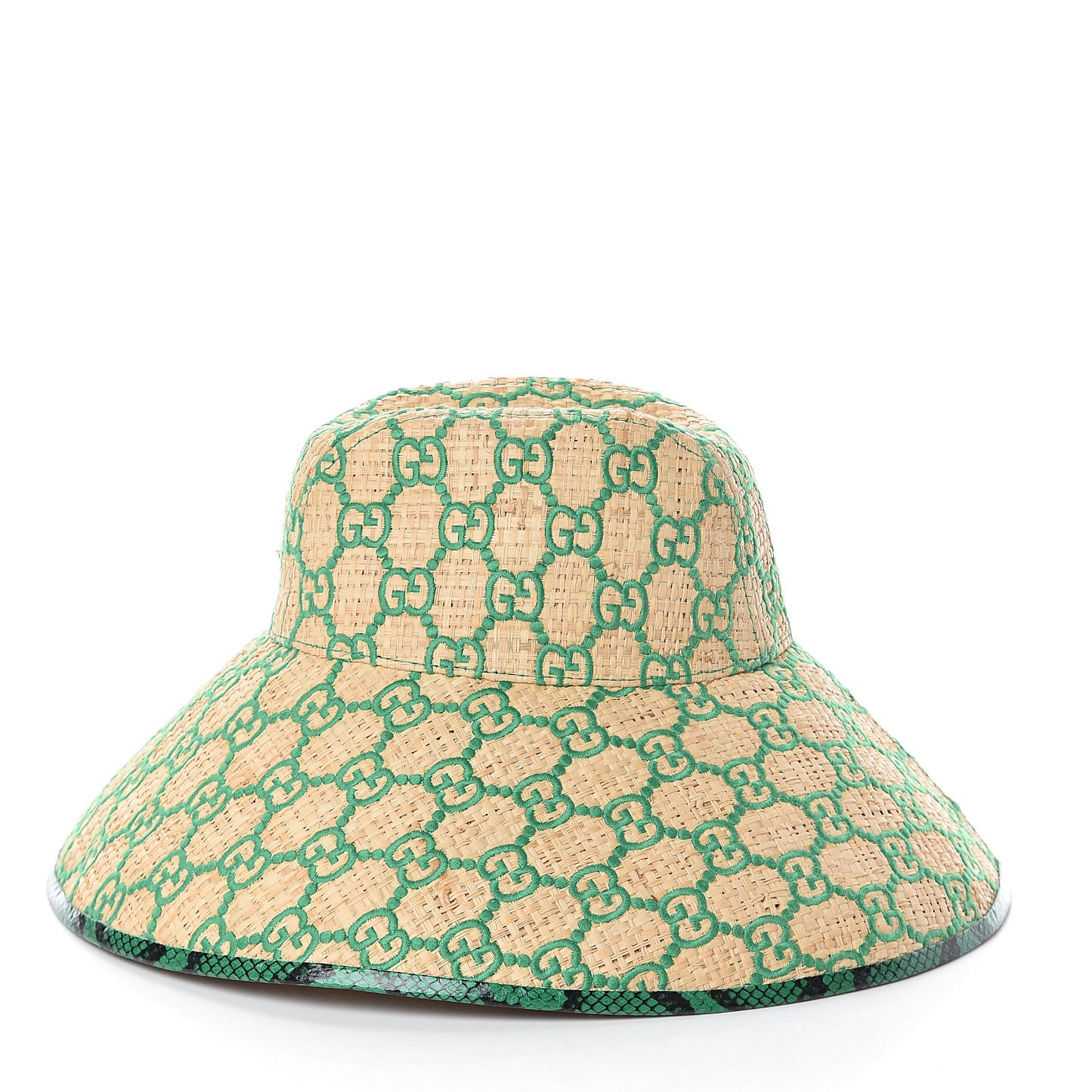 Raffia Elaphe GG Monogram Embroidered Wide Brim Hat Ivory Dark Green