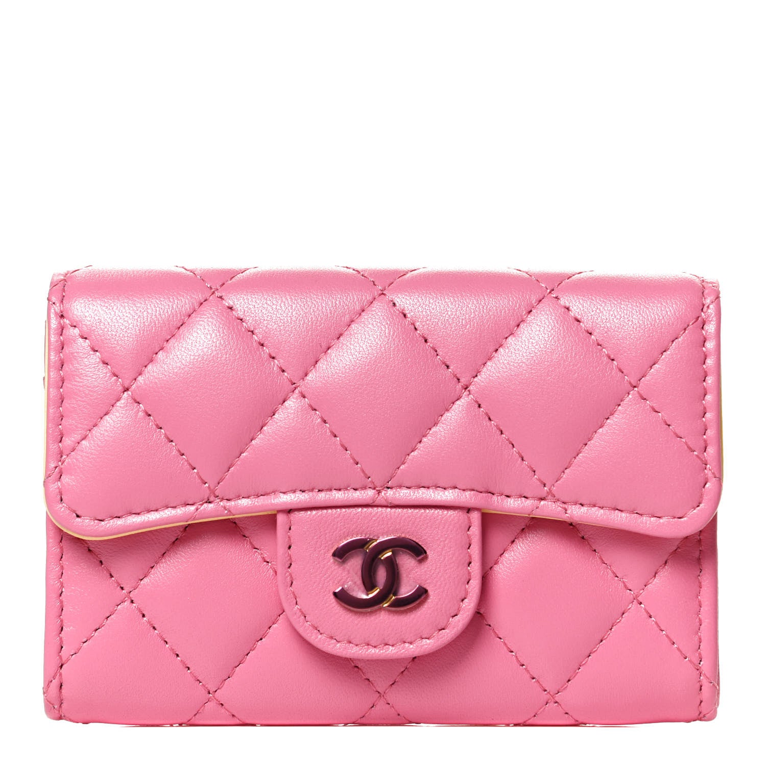Chanel Lambskin Quilted Flap Card Holder Wallet Pink Yellow 1 of 11