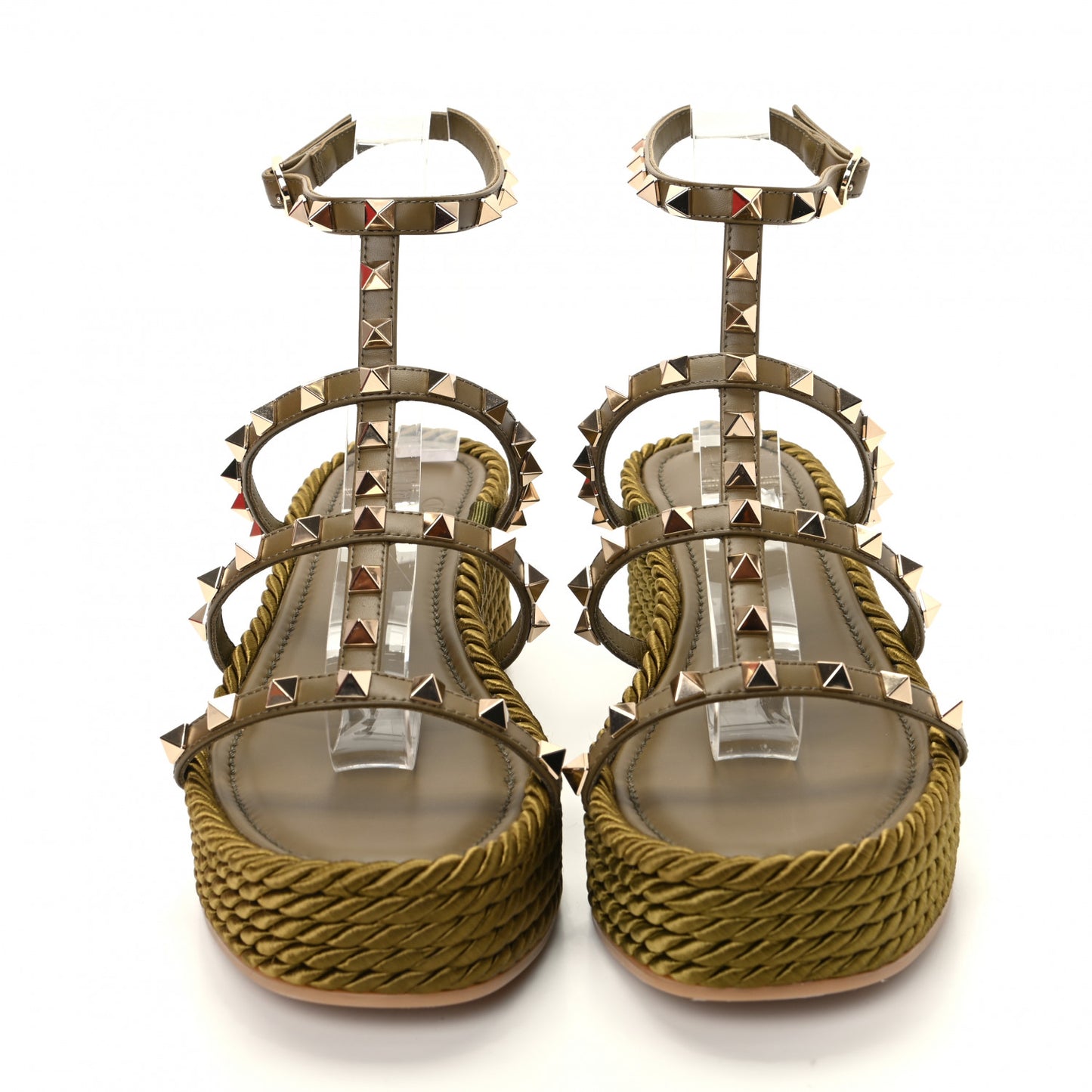 Calfskin Rockstud Ankle Strap Torchon Espadrille Caged 30/55mm Sandals 39 Lichen