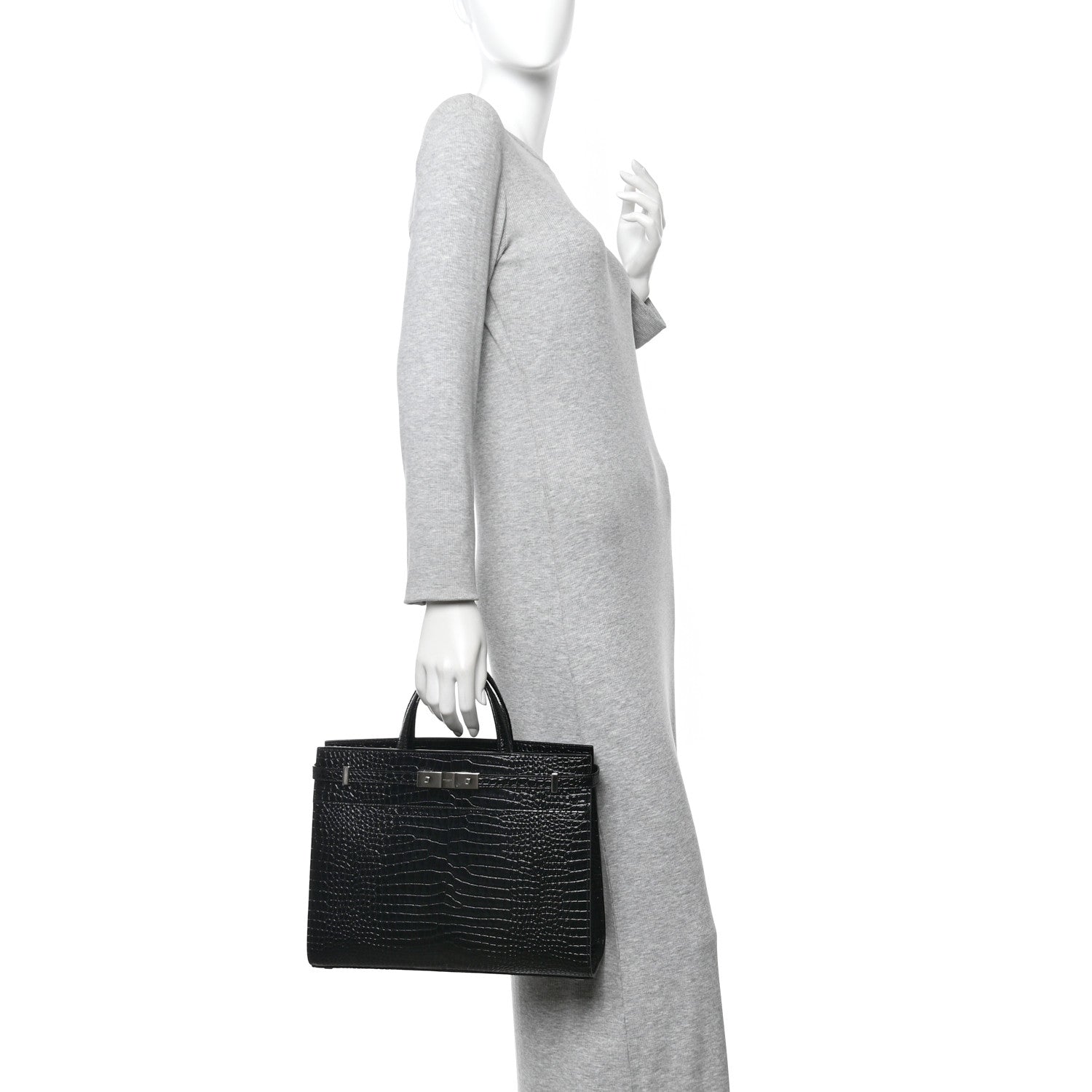 Saint Laurent Shiny Calfskin Crocodile Embossed Small Manhattan Shopper Tote Black 2 of 10