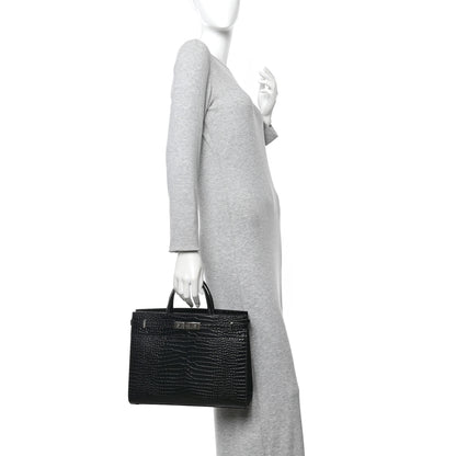 Saint Laurent Shiny Calfskin Crocodile Embossed Small Manhattan Shopper Tote Black 2 of 10
