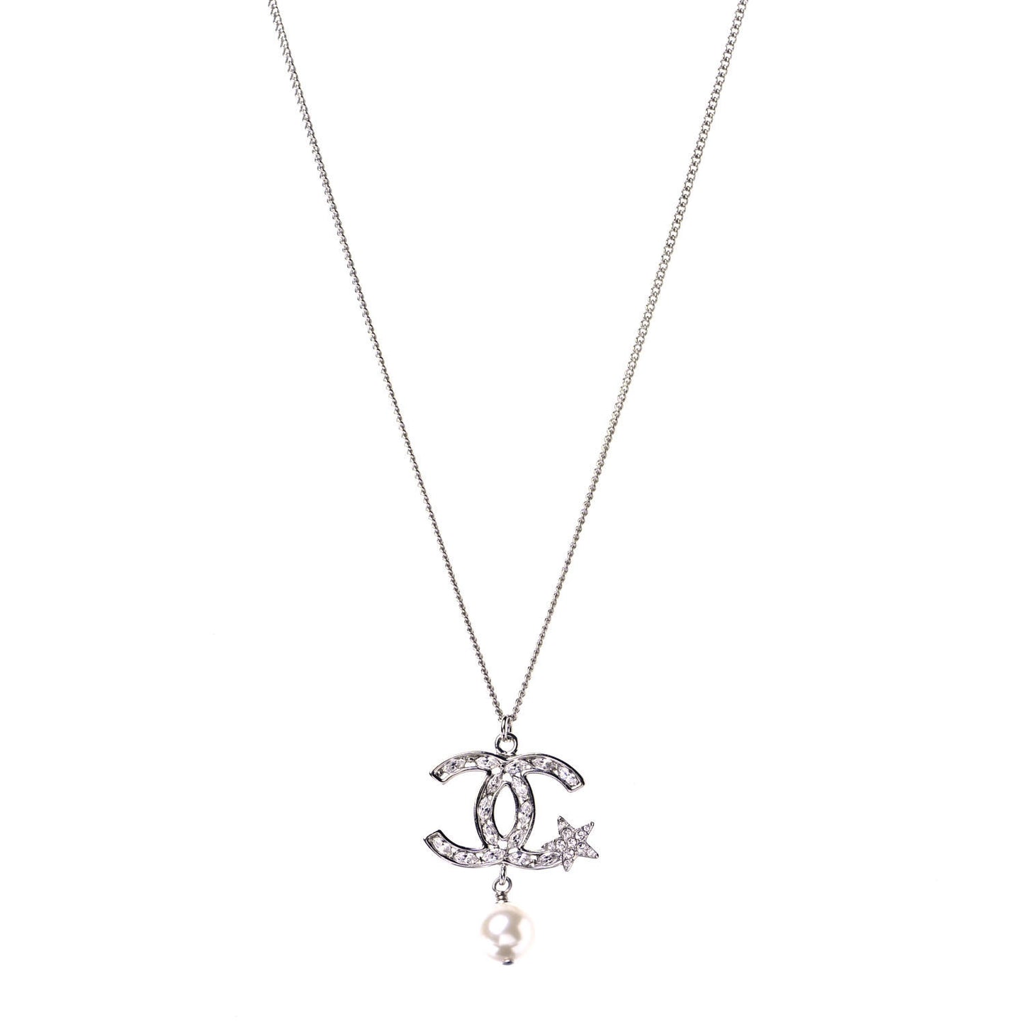 Crystal CC Star Pearl Drop Necklace Silver