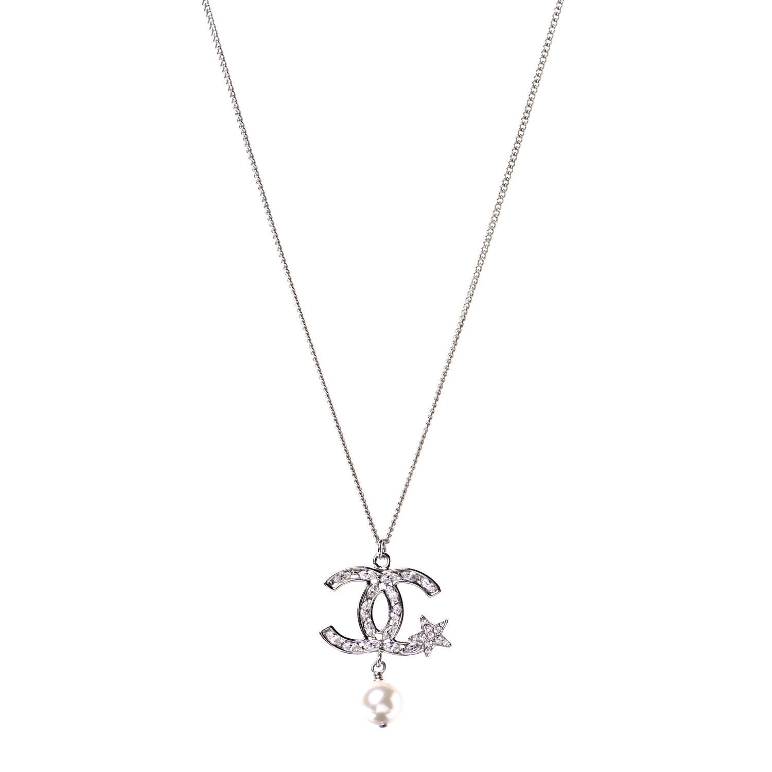 Chanel Crystal CC Star Pearl Drop Necklace Silver 1 of 5