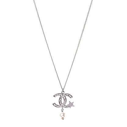 Chanel Crystal CC Star Pearl Drop Necklace Silver 1 of 5