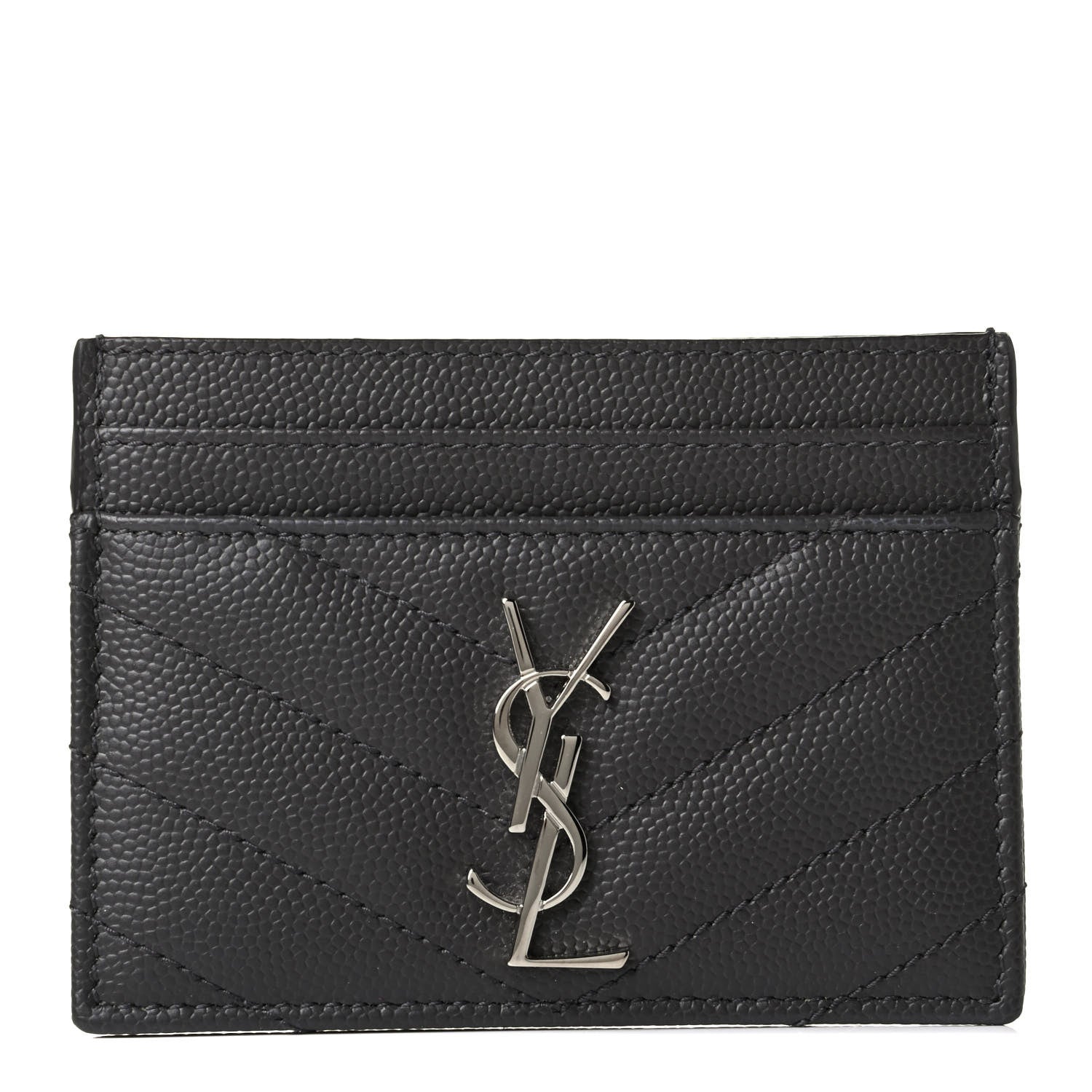 Saint Laurent Grain De Poudre Matelasse Chevron Monogram Credit Card Case Coal 1 of 4