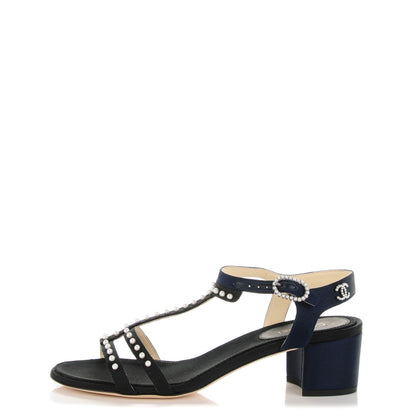 Chanel Satin Pearl Sandals 36.5 Navy Black 1 of 8