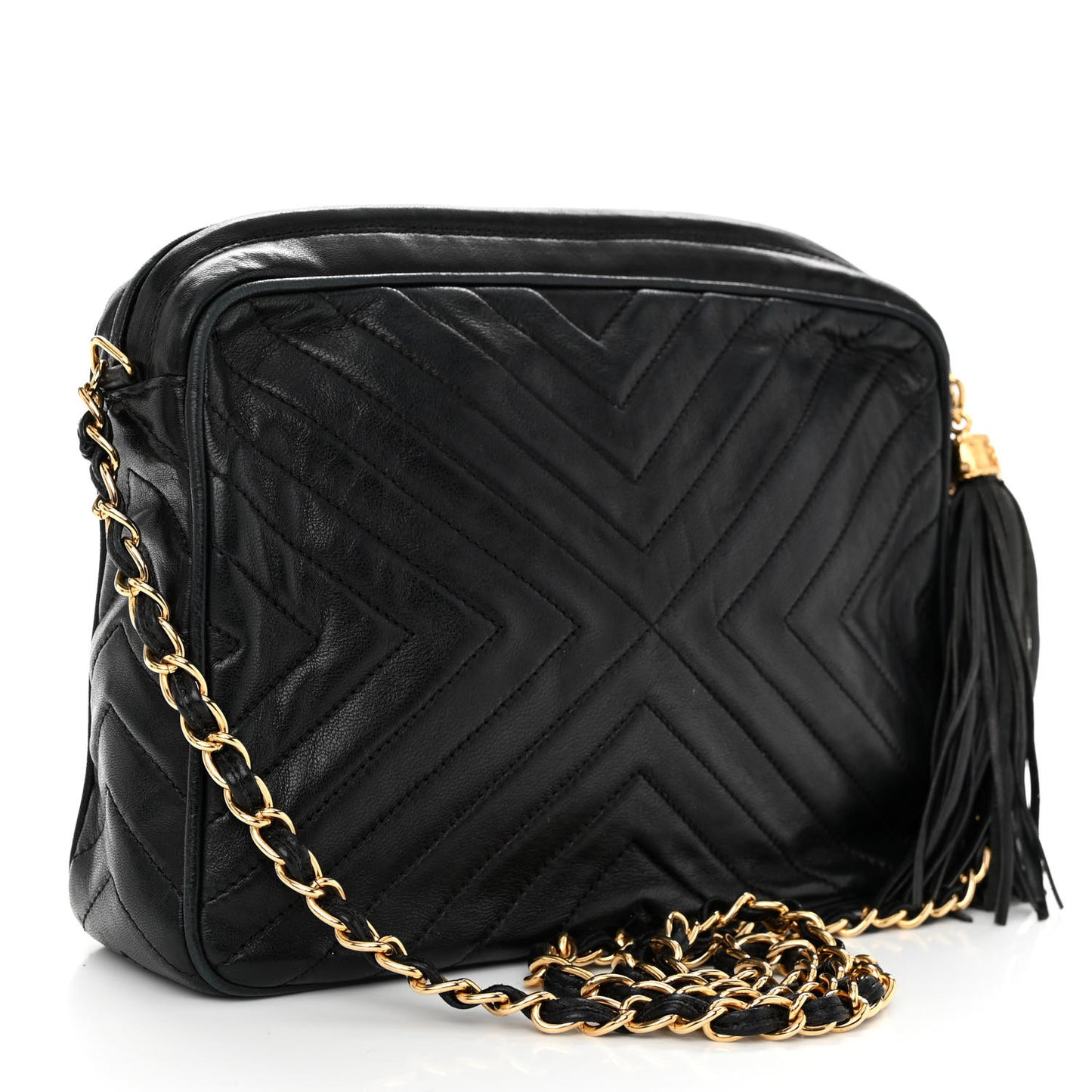 Lambskin Chevron Quilted Tassel Camera Case Black