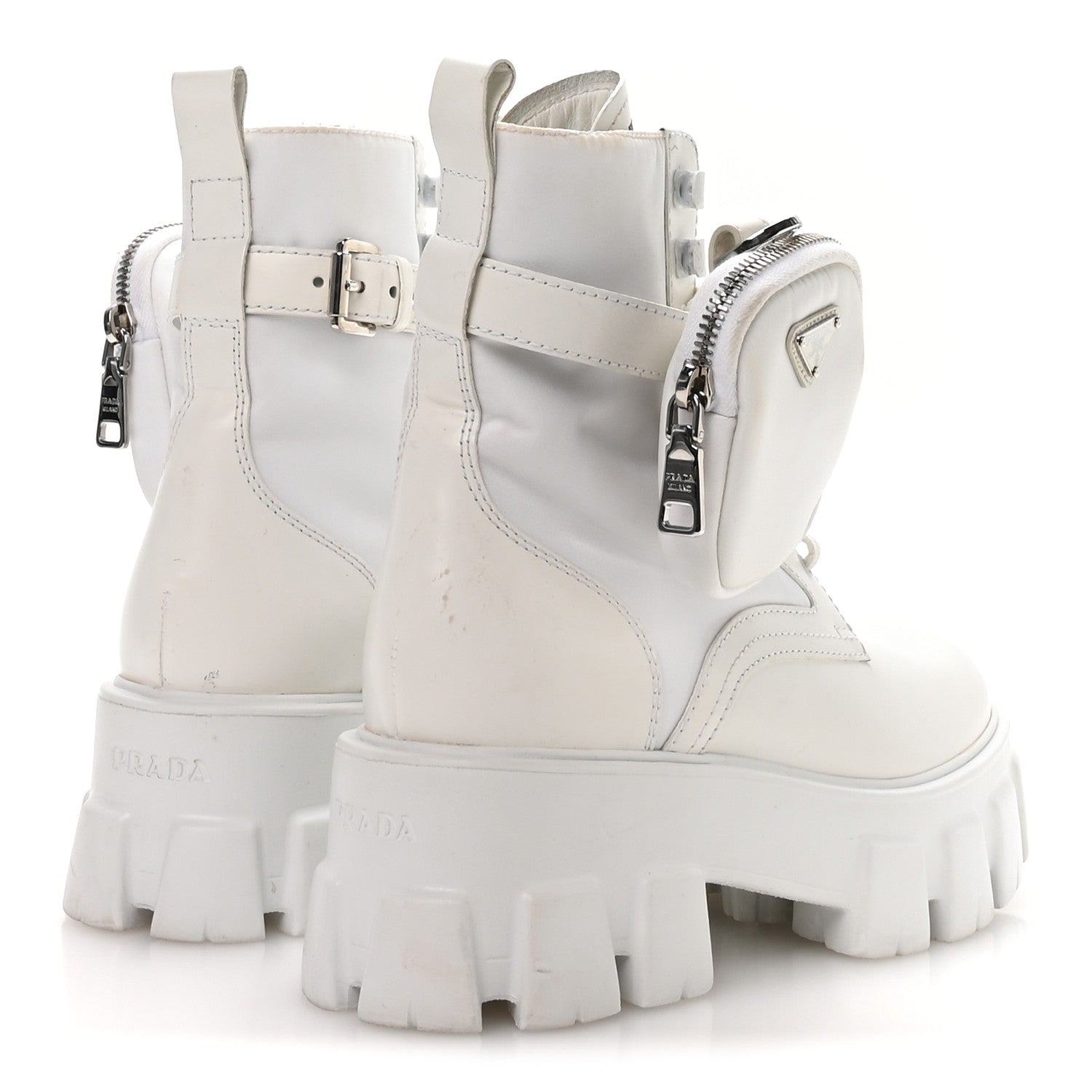 Prada Spazzolato Rois Re-Nylon Metal Triangle Logo Monolith Pouch Pocket 55mm Boots 38 White 5 of 7