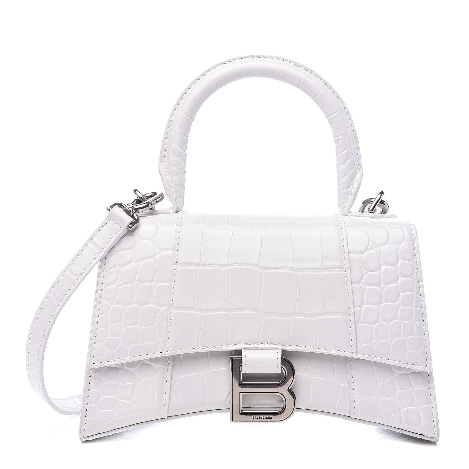 Balenciaga Shiny Calfskin Crocodile Embossed Hourglass Top Handle Bag XS White 1 of 9