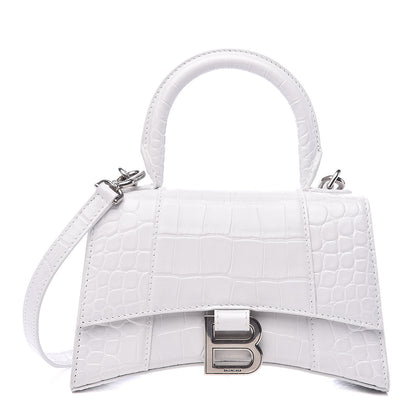 Balenciaga Shiny Calfskin Crocodile Embossed Hourglass Top Handle Bag XS White 1 of 9