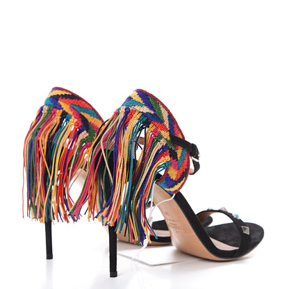 Valentino Garavani Suede Embroidered Fringe Rockstud Rolling Ankle Sandals 39 Black Multi 4 of 8