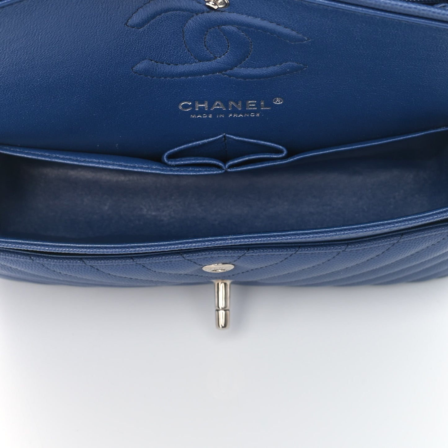 Caviar Chevron Quilted Small Double Flap Blue