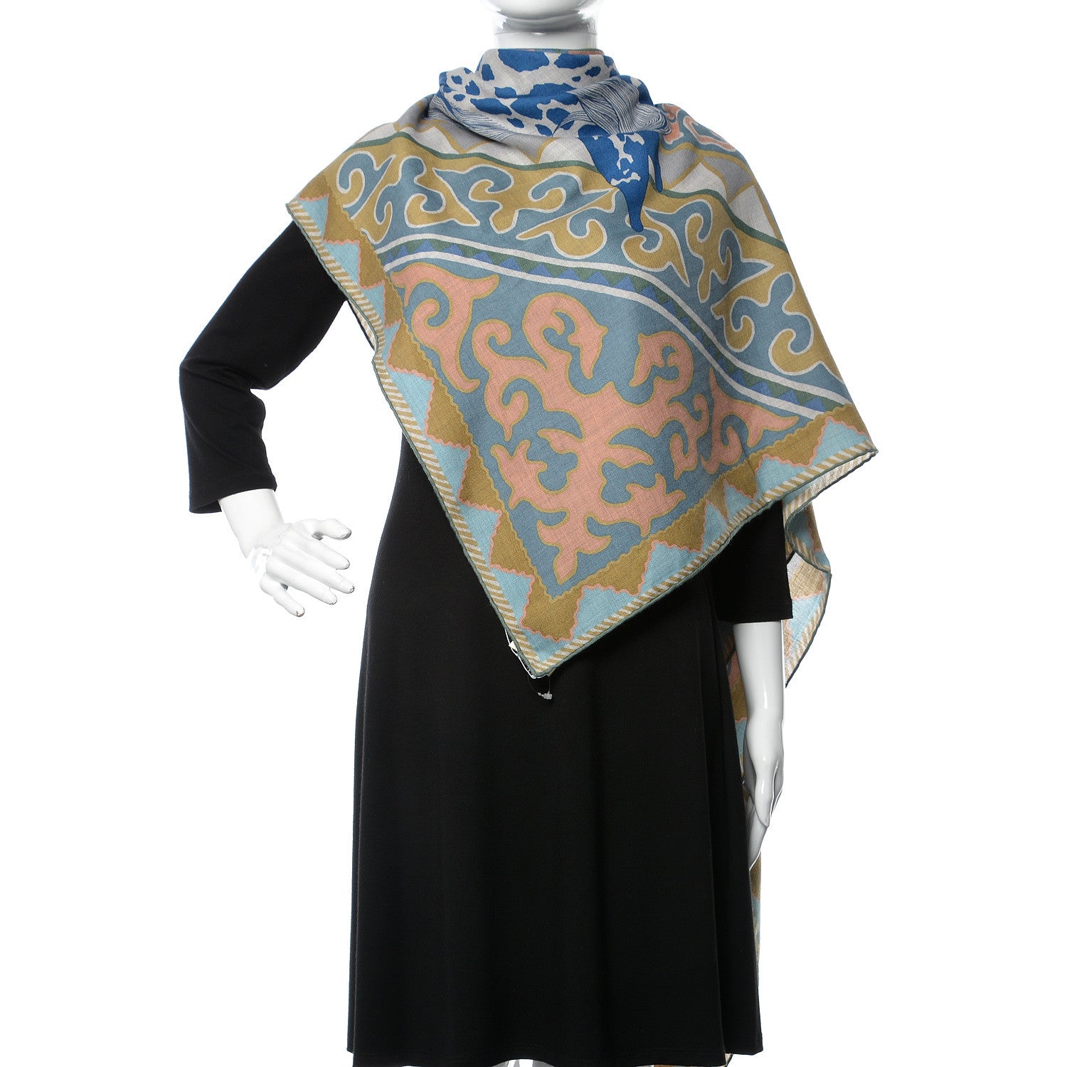 Hermes Cashmere Silk Appaloosa Des Steppes Shawl 140 Gris Chine Bleu Rosi 2 of 6