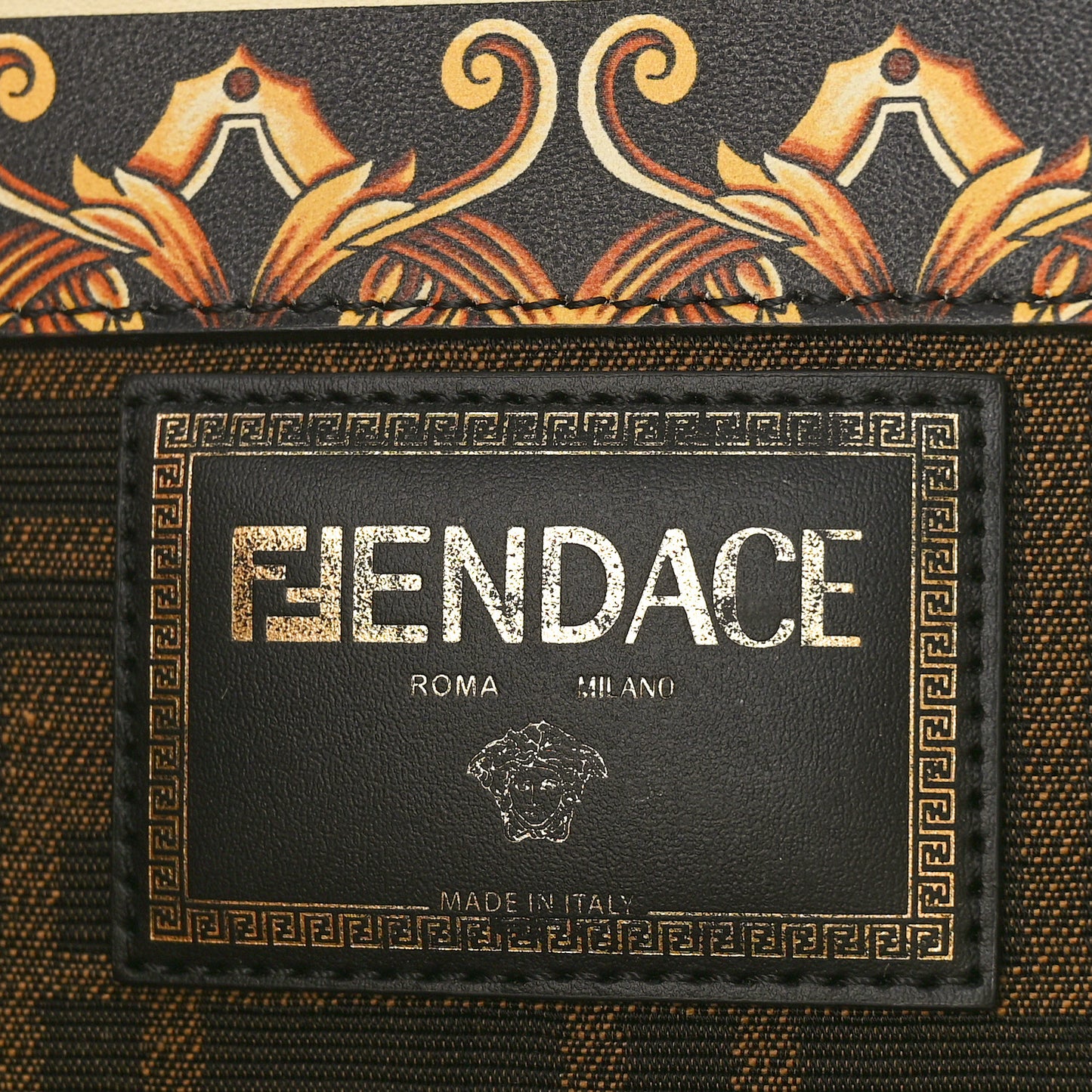 X VERSACE Calfskin Plexiglass Fendace FF Baroque Print Medium Fendi Sunshine Shopper Tote Black Gold