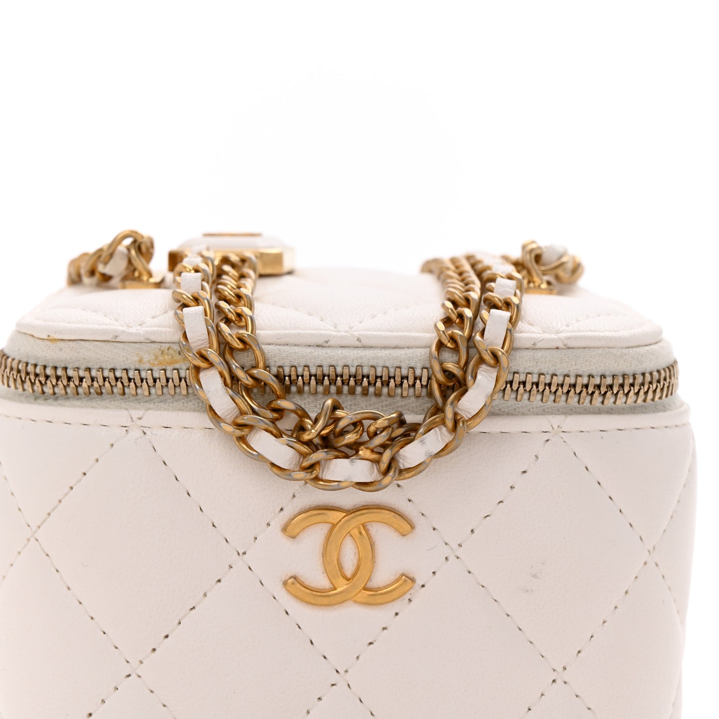 Lambskin Quilted Mini Vanity Case With Chain White