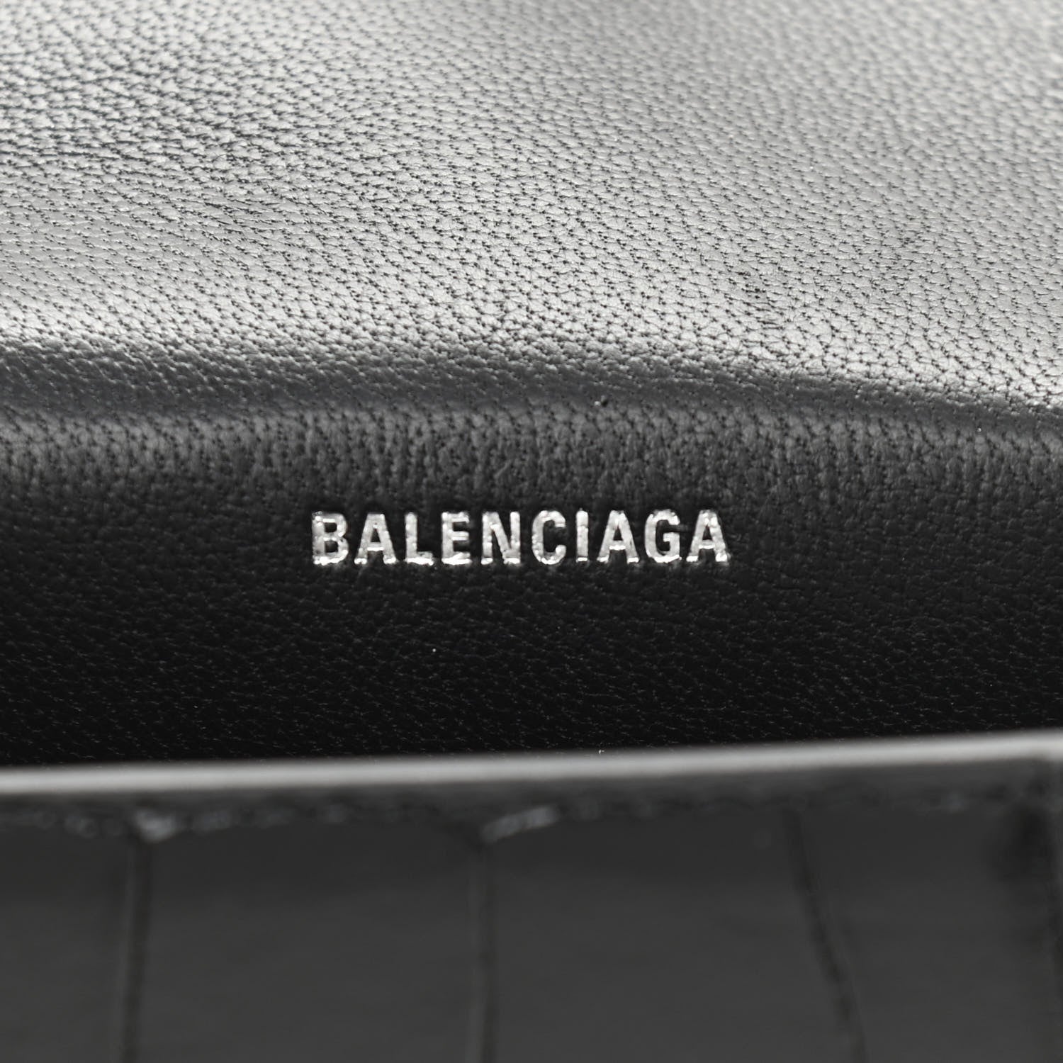 Balenciaga Shiny Calfskin Monochrome Crocodile Embossed Hourglass Chain Cardholder Black 6 of 13