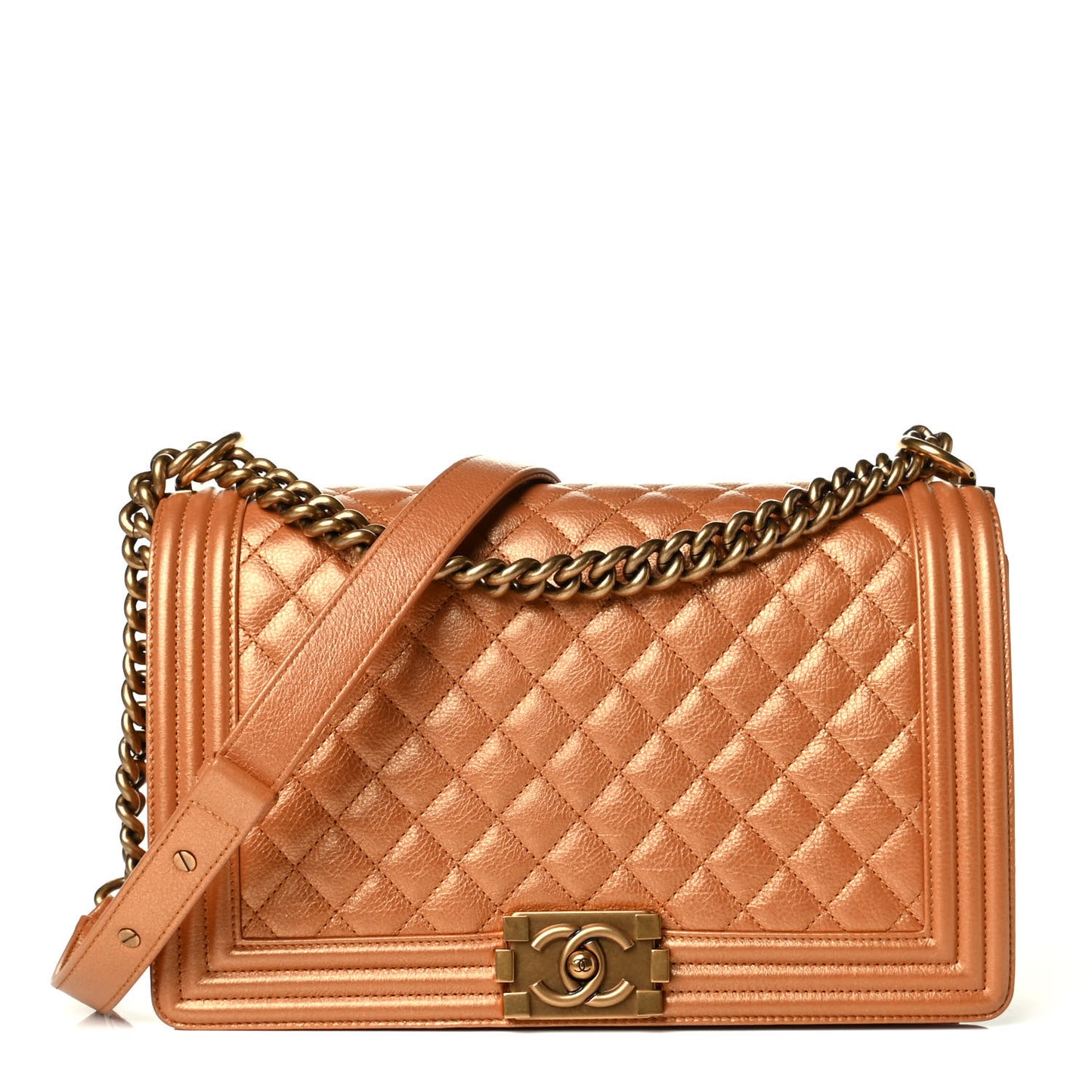 Metallic Calfskin Quilted New Medium Boy Flap Dark Gold