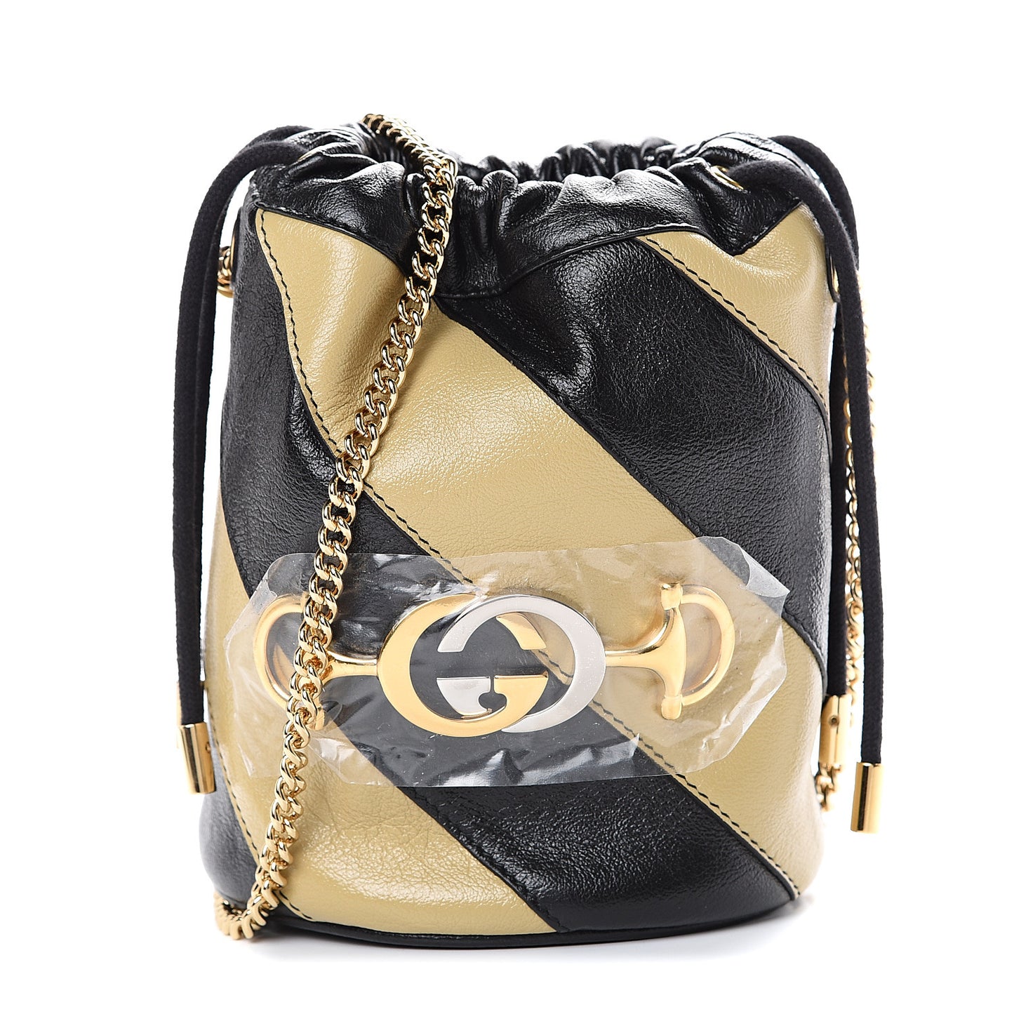 Calfskin Diagonal Striped Mini Zumi Bucket Bag Black Beige