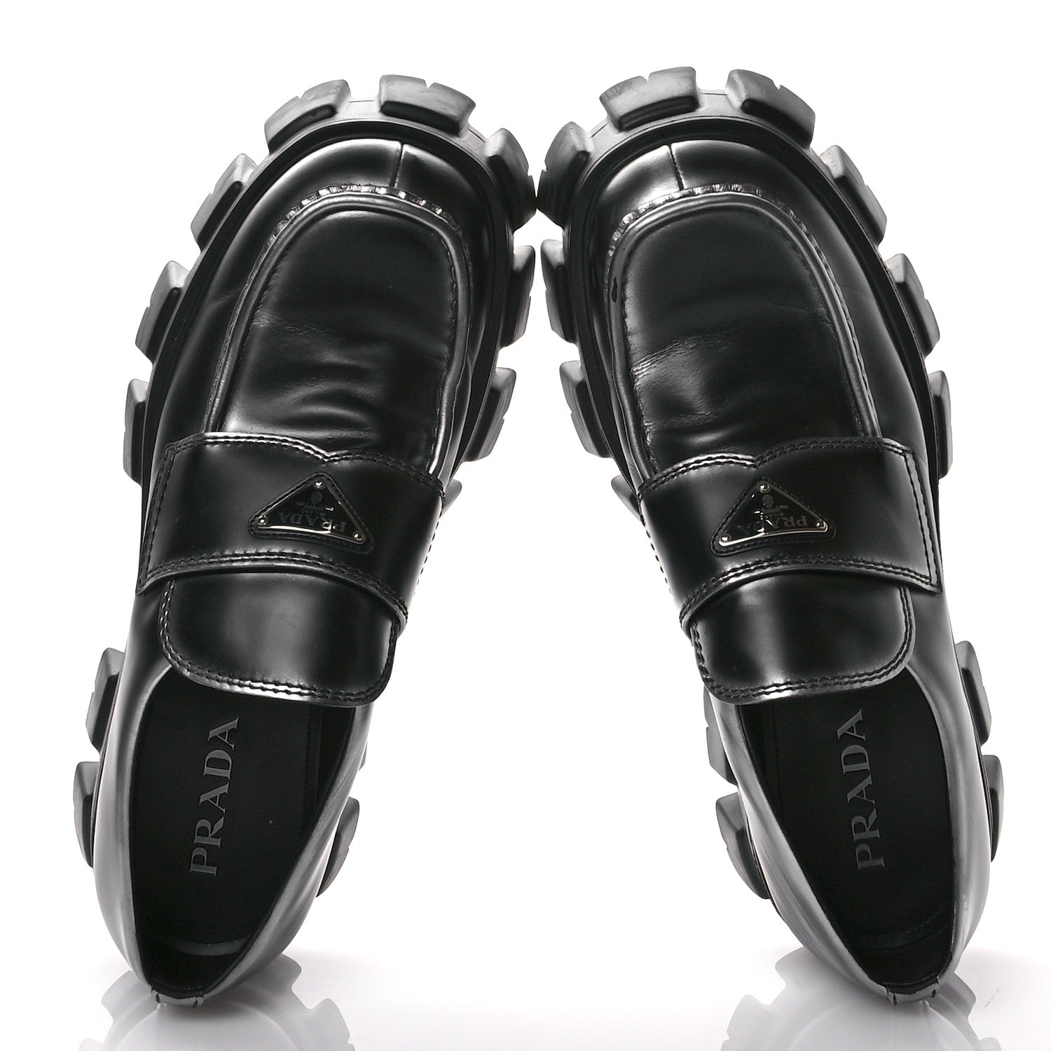 Prada Spazzolato Rois Metal Triangle Logo Mens Monolith 60mm Loafers 11 Black Argento 2 of 9