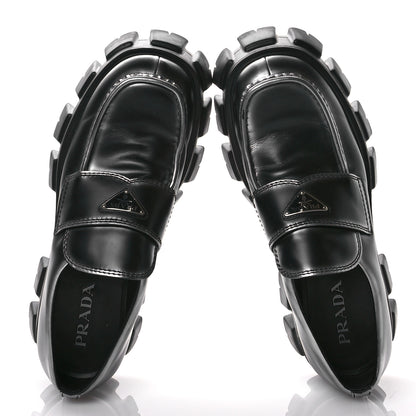 Prada Spazzolato Rois Metal Triangle Logo Mens Monolith 60mm Loafers 11 Black Argento 2 of 9