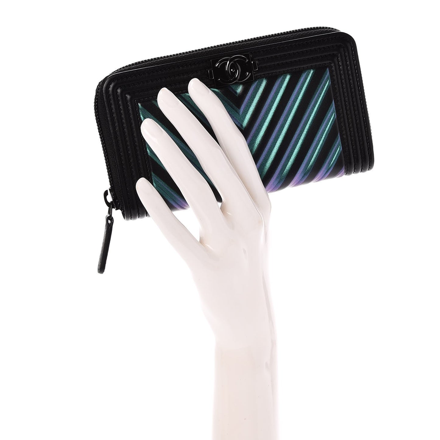 Calfskin Painted Chevron Embossed Small Boy Zip Wallet Black