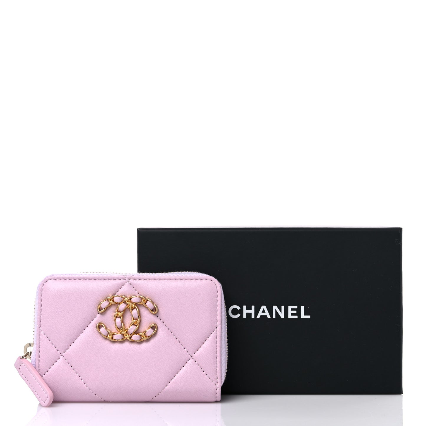 Lambskin Quilted Chanel 19 Zip Around Coin Purse Wallet Light Pink