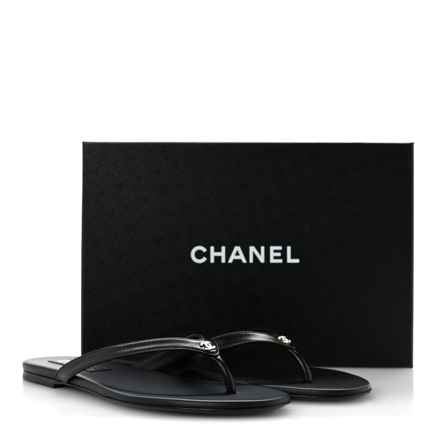 Shiny Lambskin Crystal CC Thong Sandals 37 Black 39.5 Black