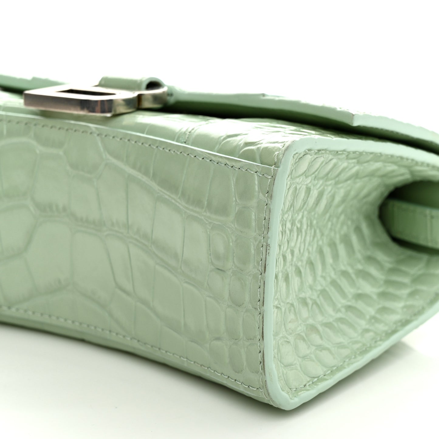 Shiny Calfskin Crocodile Embossed Hourglass Top Handle Bag XS Light Green